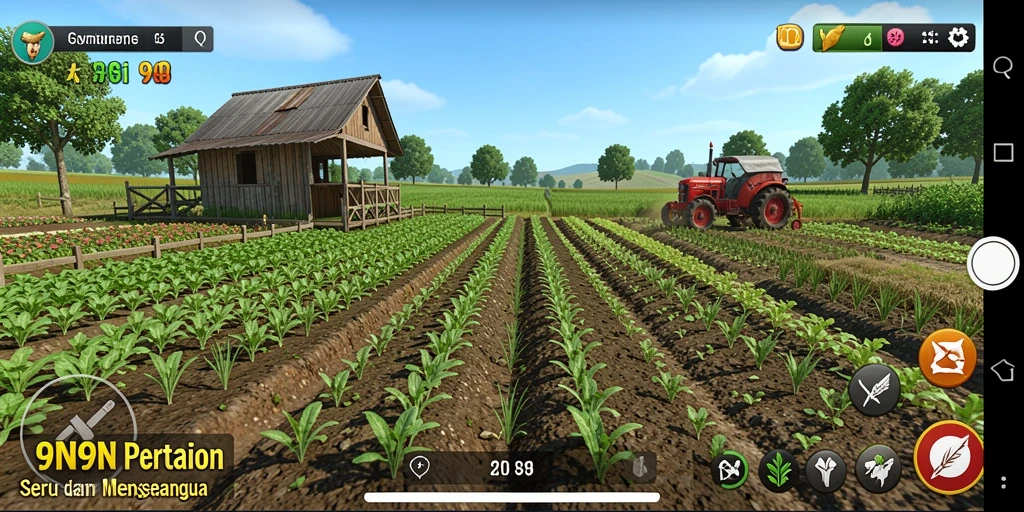 Tampilan gameplay 9N9N dengan berbagai tanaman dan hewan di kebun.