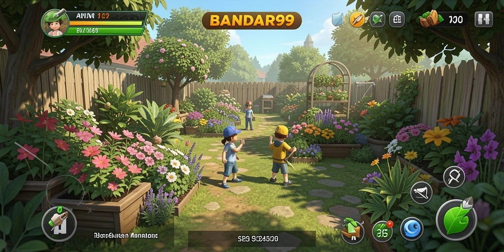 Screenshot utama BANDAR99 menunjukkan taman yang hijau dan penuh tanaman yang subur.