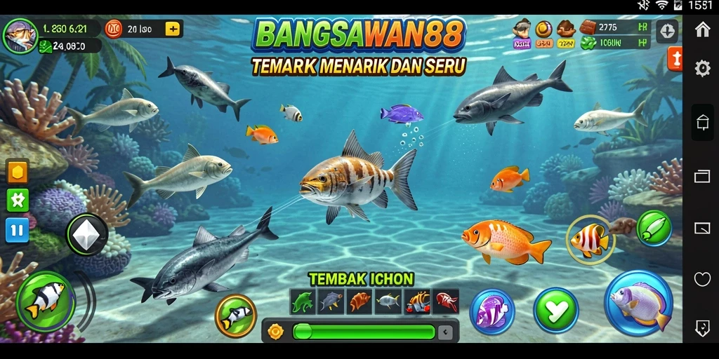 Tampilan gameplay BANGSAWAN88 dengan aksi tangkap ikan yang seru.