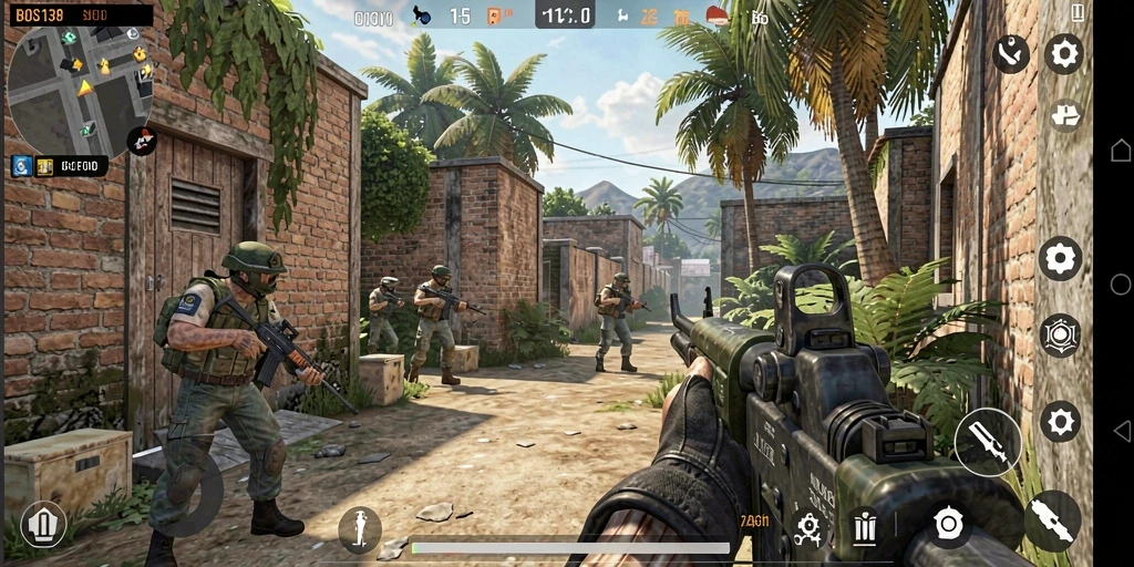 Screenshot utama gameplay BOS138 yang menunjukkan aksi mendebarkan dalam FPS.
