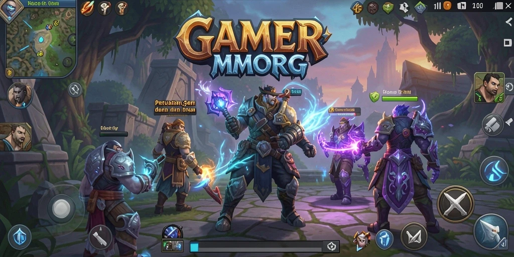 Screenshot gameplay GAMERP menampilkan pertempuran epik di dunia fantasi.