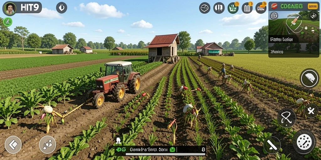 Screenshot dari gameplay <strong>HIT9</strong> menunjukkan ladang yang subur dan interaksi dengan hewan ternak.