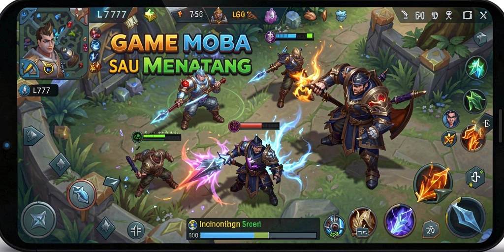 Tangkapan layar gameplay L777 yang menampilkan aksi pertempuran MOBA yang seru.