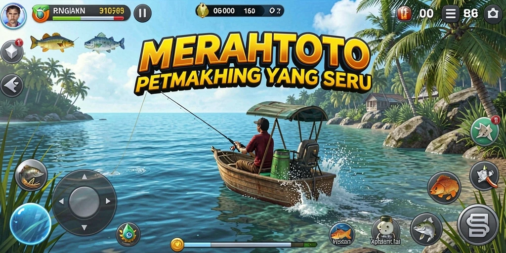 Tampilan gameplay MERAHTOTO yang memikat saat menangkap ikan.