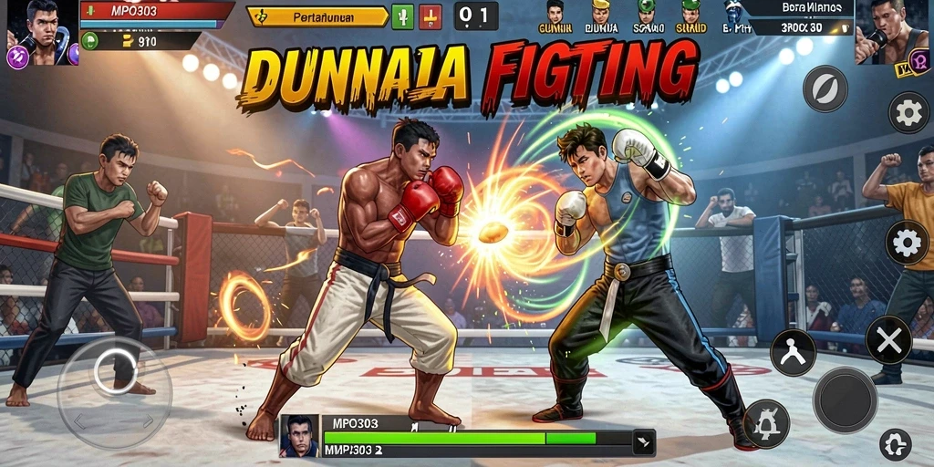 Tampilan gameplay seru dengan karakter bertarung di arena.