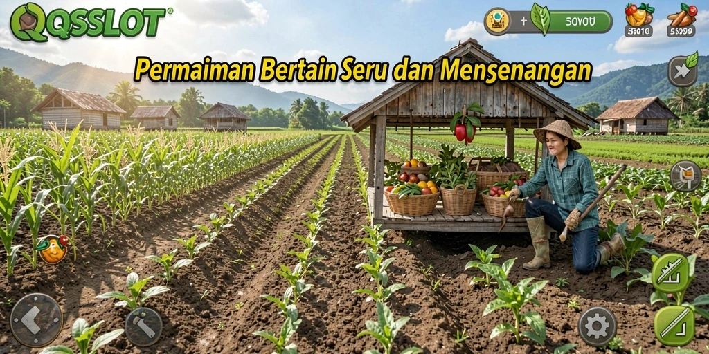 Tampilan gameplay <strong>QQSLOT</strong> yang menampilkan aksi bertani yang seru.