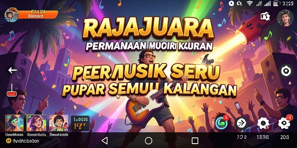 Tampilan gameplay RAJAJUARA dengan berbagai lagu dan warna yang menarik.
