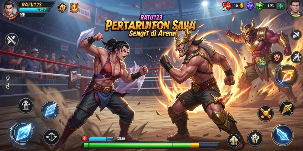 Screenshot gameplay RATU123 menampilkan pertarungan seru antara karakter-karakter yang kuat.