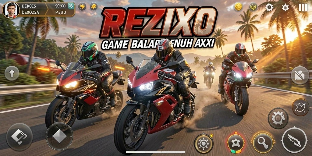 Tampilan gameplay intens dalam balapan motor REZIXO yang menegangkan.