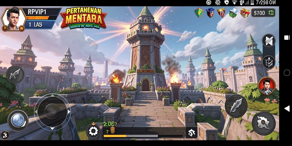 Screenshot utama RPVIP1 menampilkan aksi pertahanan menara yang intens.