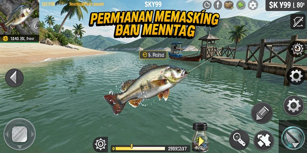 Tampilan gameplay <strong>SKY99</strong> yang menawan saat memancing di danau.