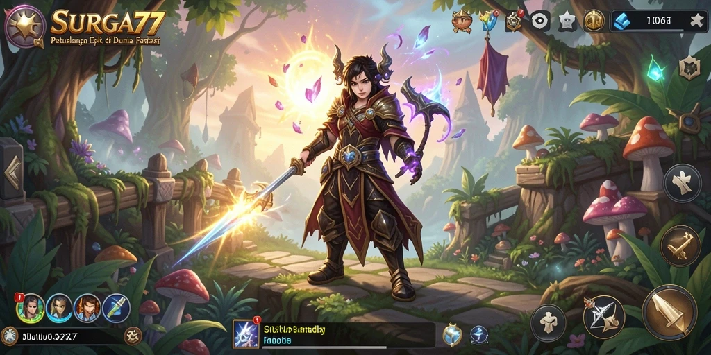 Tampilan utama SURGA77 yang menampilkan aksi pertempuran RPG yang mendebarkan.