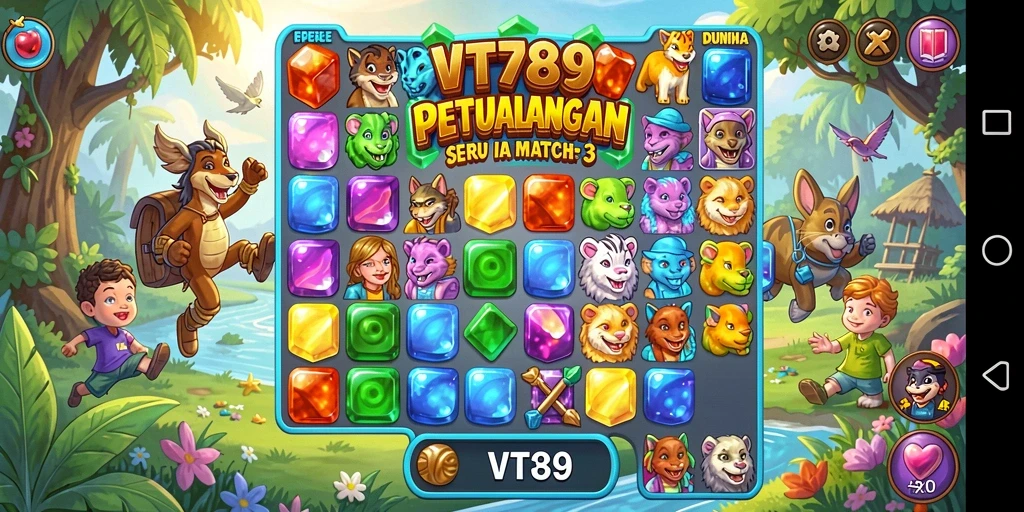 Tampilan menarik menampilkan gameplay Match-3 penuh warna di VT789.