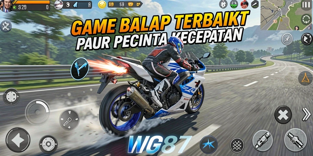Tangkapan layar WG87 menampilkan aksi balap motor yang mendebarkan.